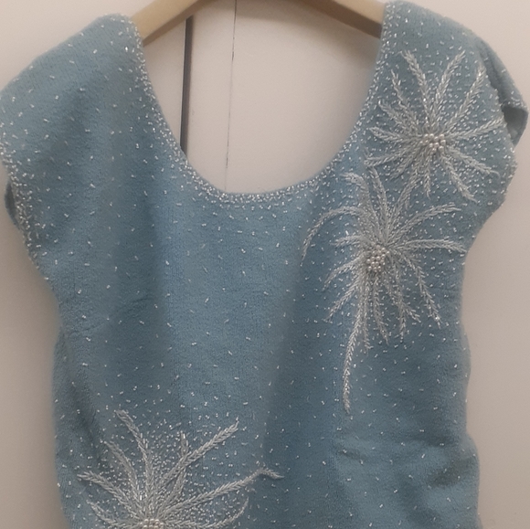 Vintage 1950's/60's BLUE WOOL KNIT Pearl Beaded Sweater Blouse Top - Picture 9 of 10